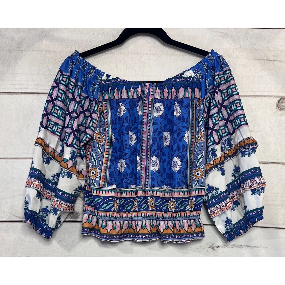 Rachel Zoe Blue Multi Floral Off-Shoulder Peasant Blouse